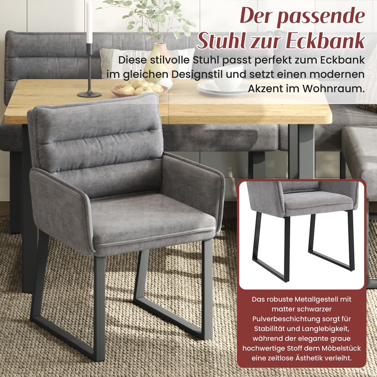 ECKBANKGRUPPE Grau Holz Chenille Tisch 2 Stühle Eckbank - Grau, Holzwerkstoff - FLIEKS