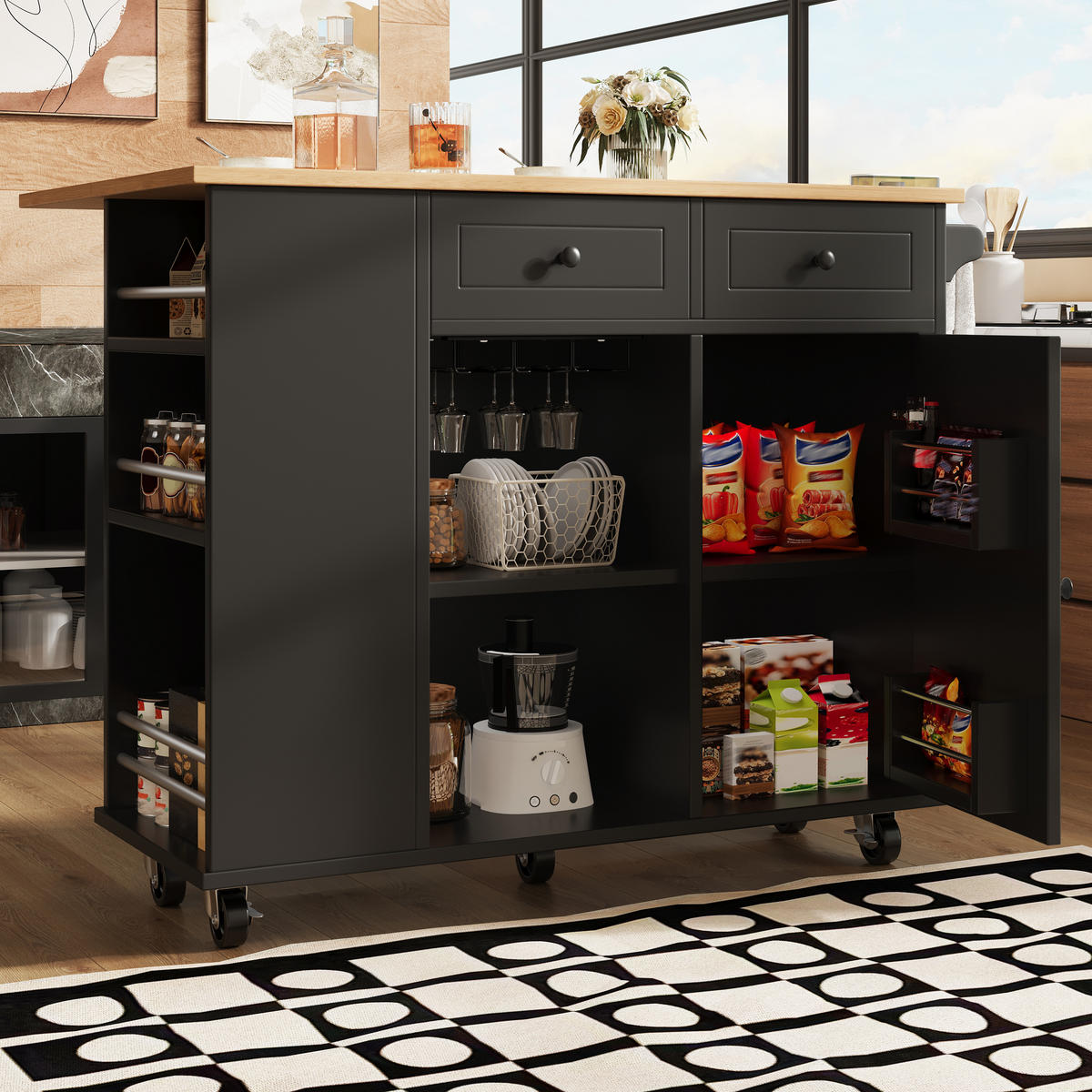 KÜCHENINSEL Schwarz Holzoptik mit Snackfach & Glashalter - Schwarz, Holz (42/91.5/120cm) - SHOPENTRA
