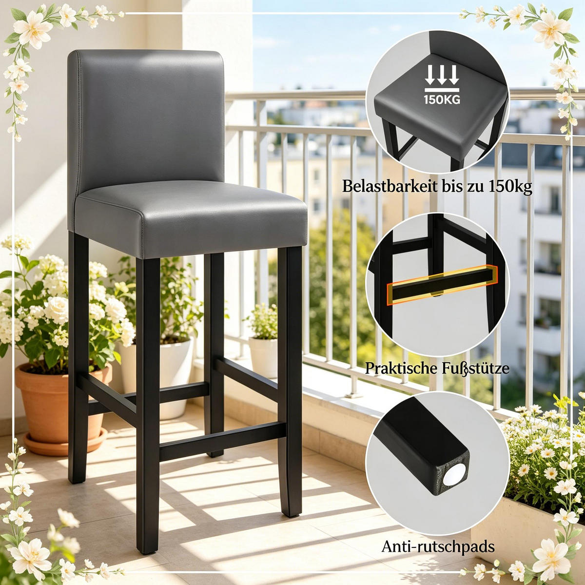 BARHOCKER 2er-Set Schwarz & Grau mit Rückenlehne und Holzbeinen - Dunkelgrau, Holz (48/110.5/41.5cm) - PANGIVO