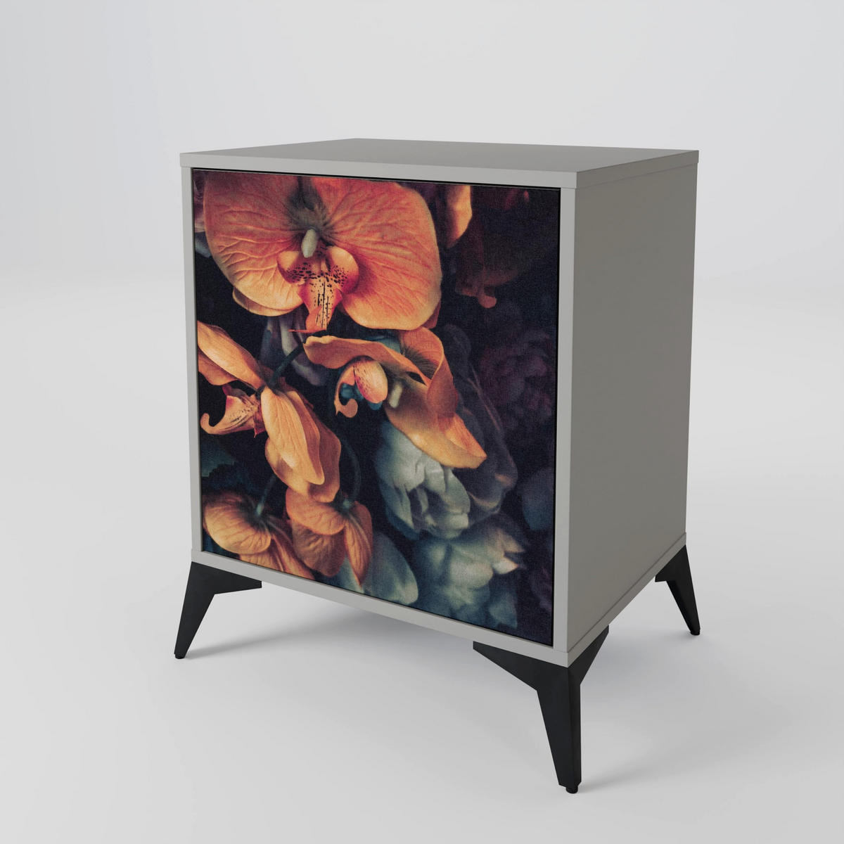 SIDEBOARD NEVERENDING BLOOM, Grau, 57,5x42x75,5 cm, Goldfarbene Metallfüße - Goldfarben/Multicolor, Holzwerkstoff/Metall (57.5/75.5/42cm) - SpaceRebels