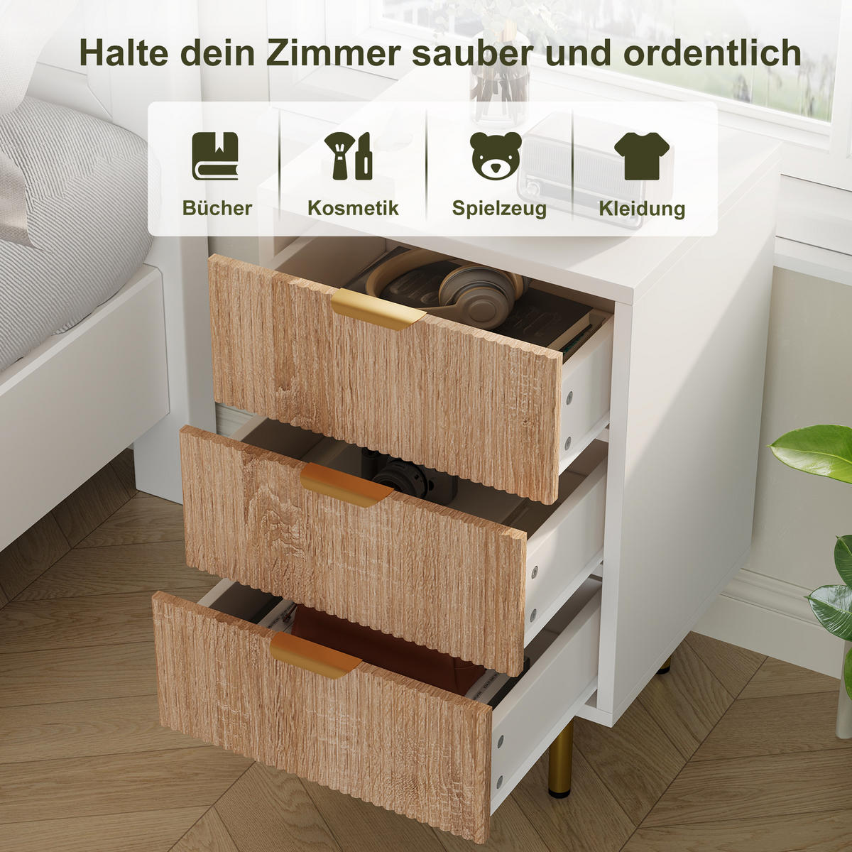 NACHTTISCH 2er Set 3 Schubladen Holz weiß Holzoptik - Weiß, Holz (40/65/40cm) - LEBENLANG