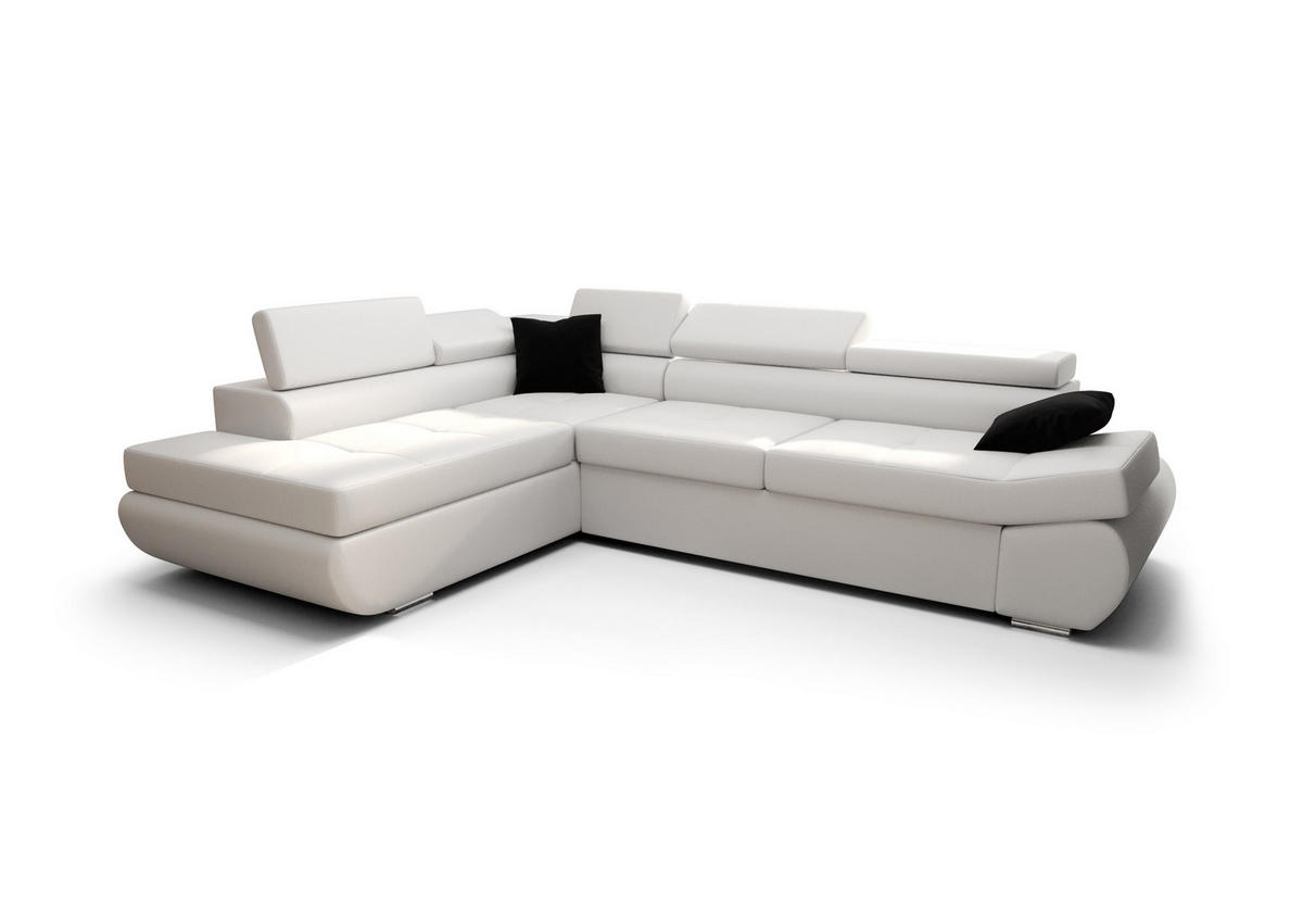 ECKSOFA KONGO RBN03, Eckcouch in L-Form mit Schlaffunktion, Farbe: Weiß, Kunstleder, Ottomane Links - Weiß, Textil (280/200cm) - O-Sofa