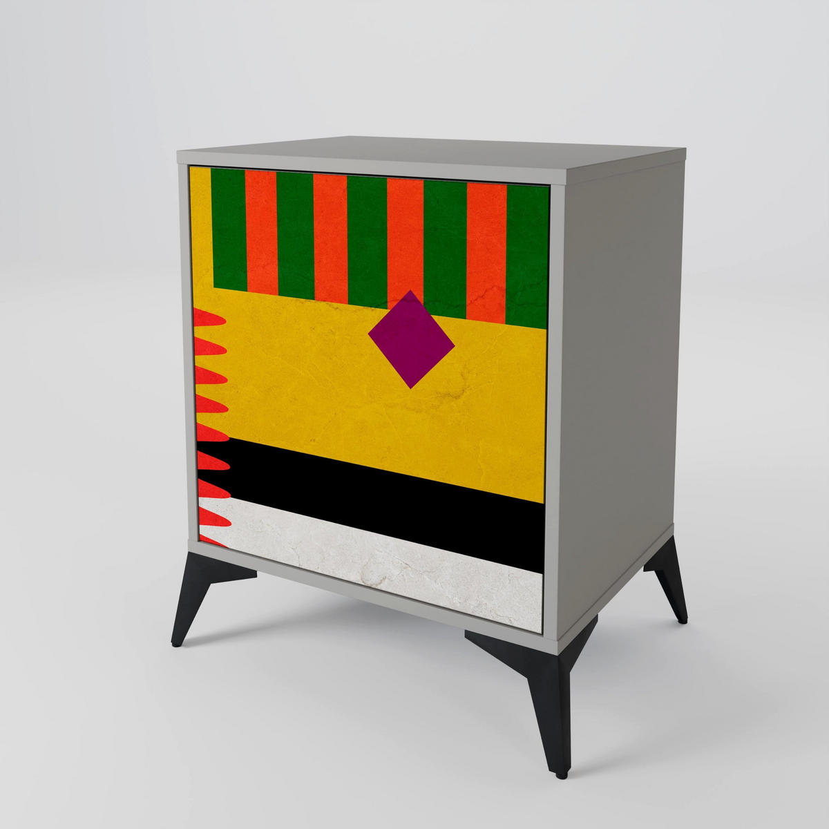 SIDEBOARD VIVID ART, Grau, 57,5x42x72,5 cm, Schwarze Metallfüße - Multicolor/Schwarz, Holzwerkstoff/Metall (57.5/72.5/42cm) - SpaceRebels