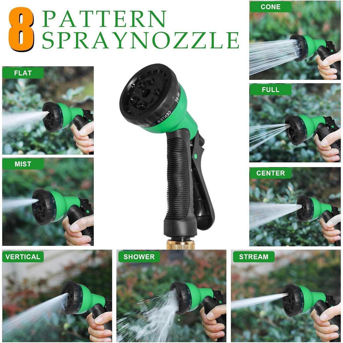 GARTENSCHLAUCH flexibel 30 m mit 8 Sprühmustern und Adaptern - Grün, Kunststoff (28cm)