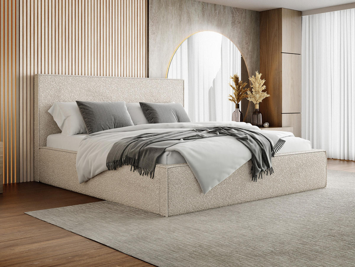 POLSTERBETT Terra Slim mit Bettkasten, Beige Boucle 160x200 cm - Beige/Birkefarben, Holz/Holzwerkstoff (160/200cm) - WFL GROUP
