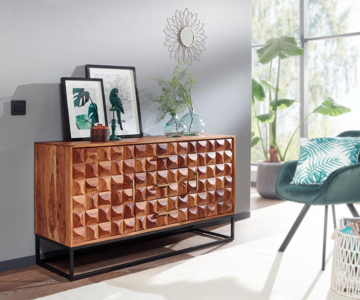 SIDEBOARD – Massivholz, 145x81x45 cm, Industrial-Stil, Metallgestell - Schwarz/Braun, Holz/Metall (145/81/45cm) - KADIMA DESIGN