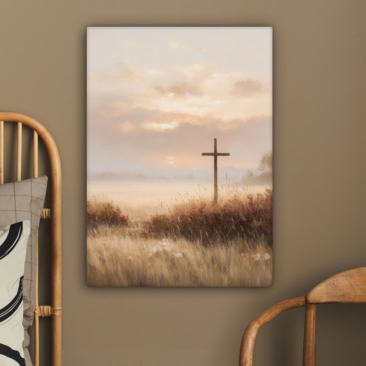 LEINWANDBILD Gras - Morgennebel - Kreuz - Christentum Wandbild Wohnzimmer 60x80 cm - Beige, Textil (60/80cm) - MuchoWow