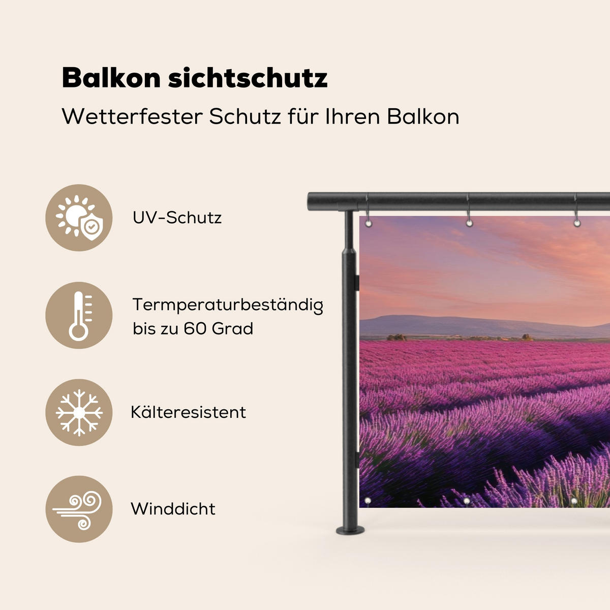 BALKON-SICHTSCHUTZ Lavendelfeld - Sonnenuntergang - Lila - Blumen - Violett, Kunststoff (300/95cm) - MuchoWow