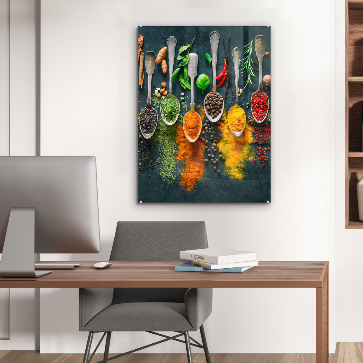 OBRAZ NA AKRYLOVOM SKLE Bylinky - korenie - lyžičky 60x80 cm - kari žltá, sklo (60/80cm) - MuchoWow