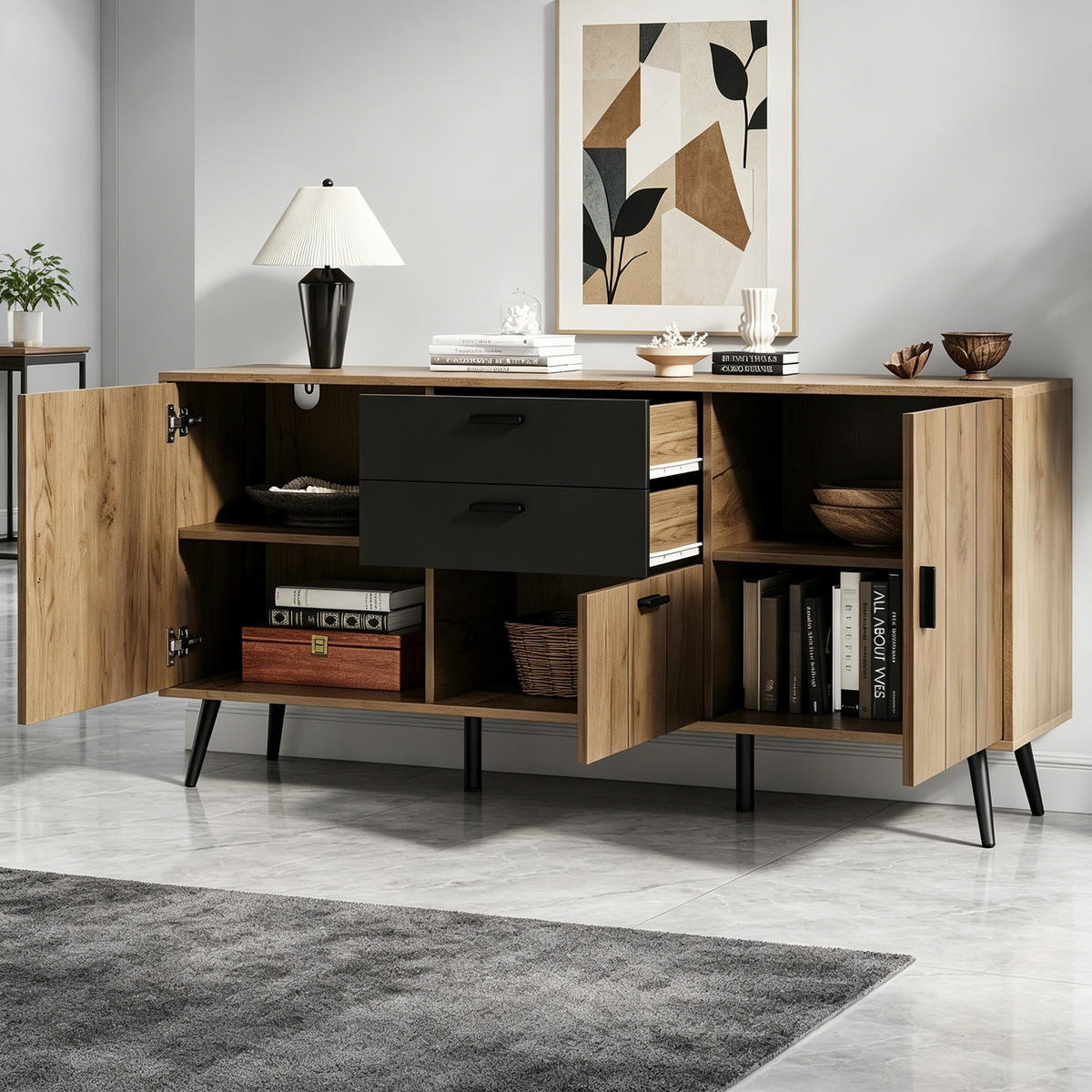 SIDEBOARD mit 2 Schubladen und 3 Türen mit großer Arbeitsplatte Schwarz/Holzfarbe 140/35/67 cm - Schwarz/Naturfarben, Holzwerkstoff (140/67/35cm) - EVRYAE