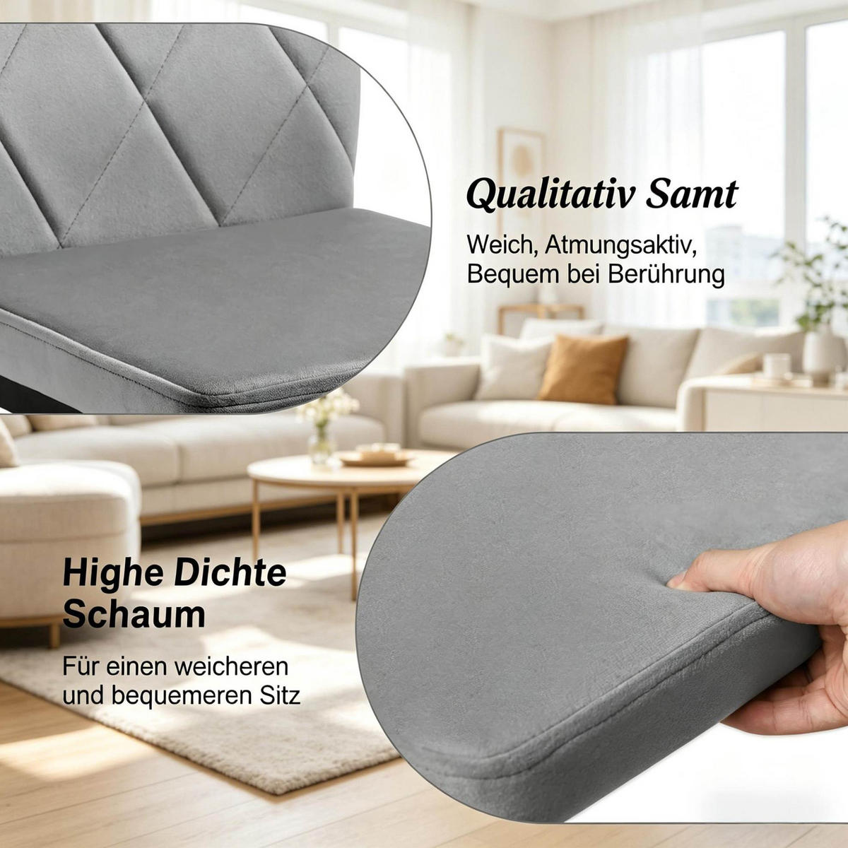 ESSSTUHL 4er-Set Samt Dunkelgrau 42 x 94,5 x 59 cm - Dunkelgrau, Metall (42.5/94.5/40cm) - Meubliv