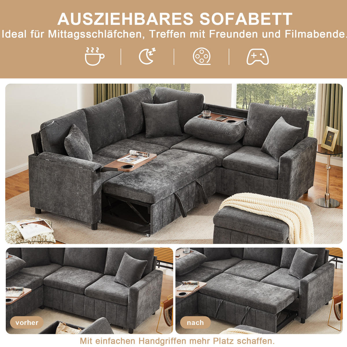 ECKSOFA Chenille mit Schlaffunktion und Hocker, USB-Anschluss/Type-C 205/205/85 cm Grau - Grau, Textil (205/205cm) - Redom