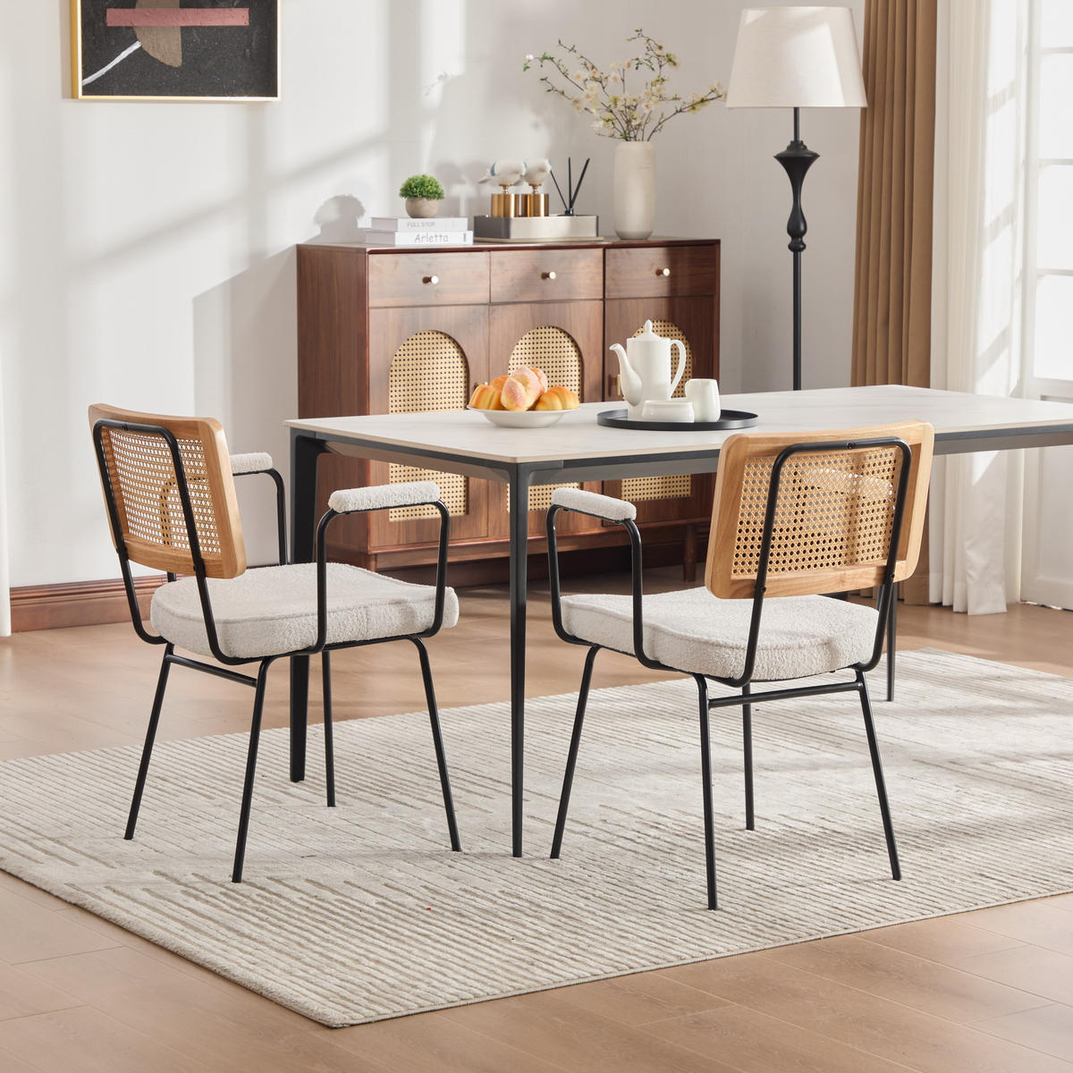 ARMLEHNSTUHL-SET DE-36881 2 Stück mit Chenille-Polsterung und Rattan-Optik Elfenbein - Creme, Metall (58/82/62.5cm) - ComfortXL