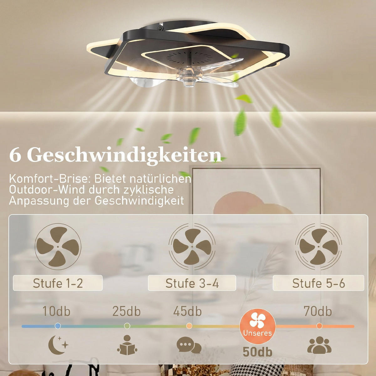 DECKENVENTILATOR-MIT-LICHT Stahl Acryl Schwarz - Schwarz, Metall (53/53/12.5cm) - HOMCOM