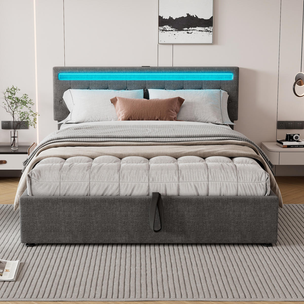 POLSTERBETT aus Leinen 160x200 cm in Grau mit LED-Beleuchtung & USB-C - Grau, Textil (160/200cm) - Modfu