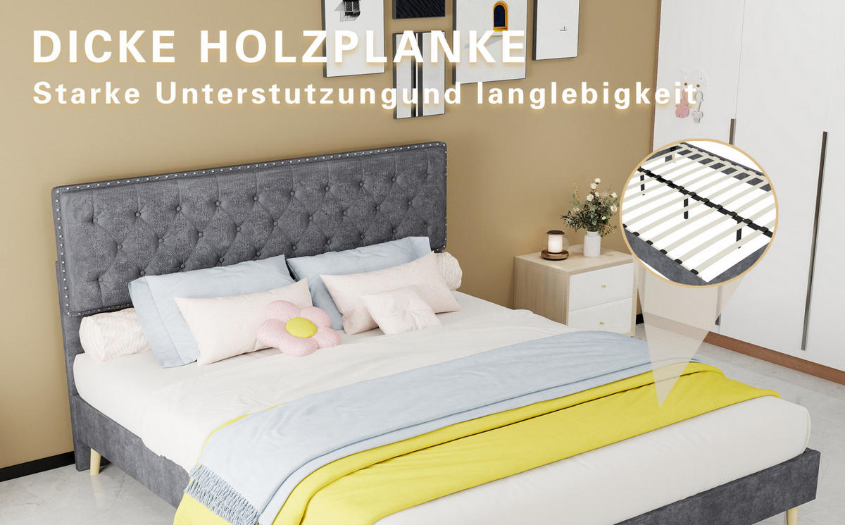 POLSTERBETT 160/200 cm mit Matratze, hohem Kopfteil und Stauraum unter dem Bett, Grau - Grau, Textil (160/200cm) - Redom
