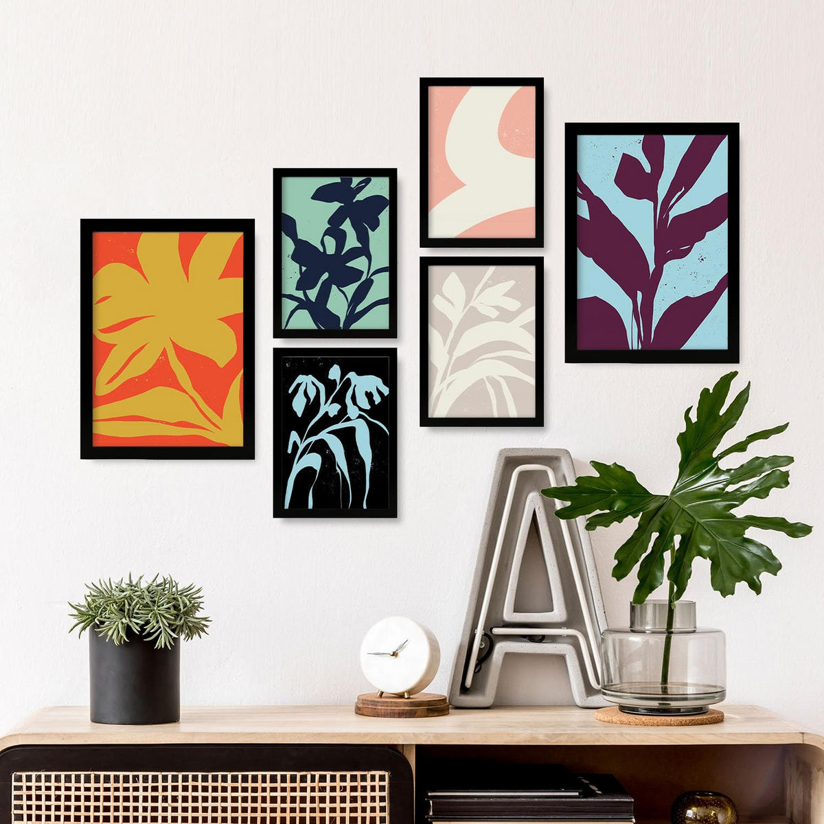 POSTER Set Mit 6 Streifenblätter In Blume Zusammenfassung Ästhetische Dekorative Gemälde Für Ihr Wohnzimmer Zuhause A3 & A4 Schwarzer Rahmen - Schwarz, Papier (29/3cm) - Nacnic