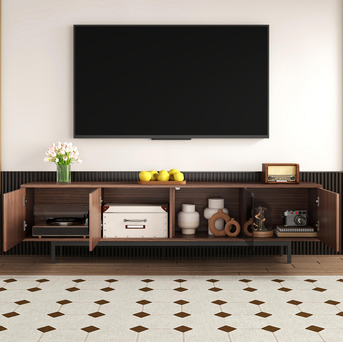 TV-SCHRANK in Schwarz und Walnussbraun mit LED-Leiste 200/35/53 cm - Walnussfarben, Holzwerkstoff (200/53/35cm) - Redom
