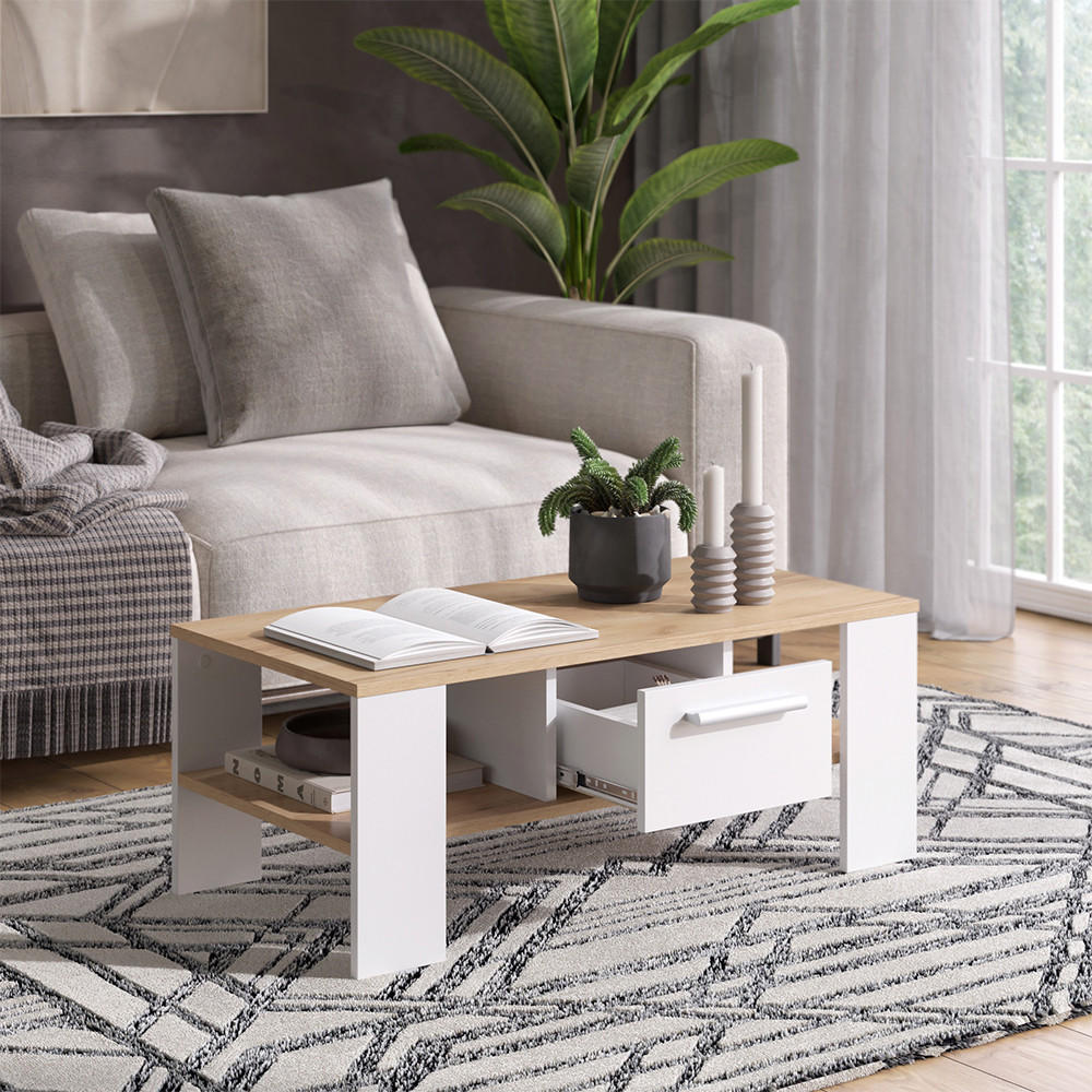 COUCHTISCH Wilmut Goldkraft Eiche/Weiß 89.8 x 46.4 cm mit Schublade - Honigeiche/Weiß, Holzwerkstoff (46.4/89.8/35.8cm) - Vicco