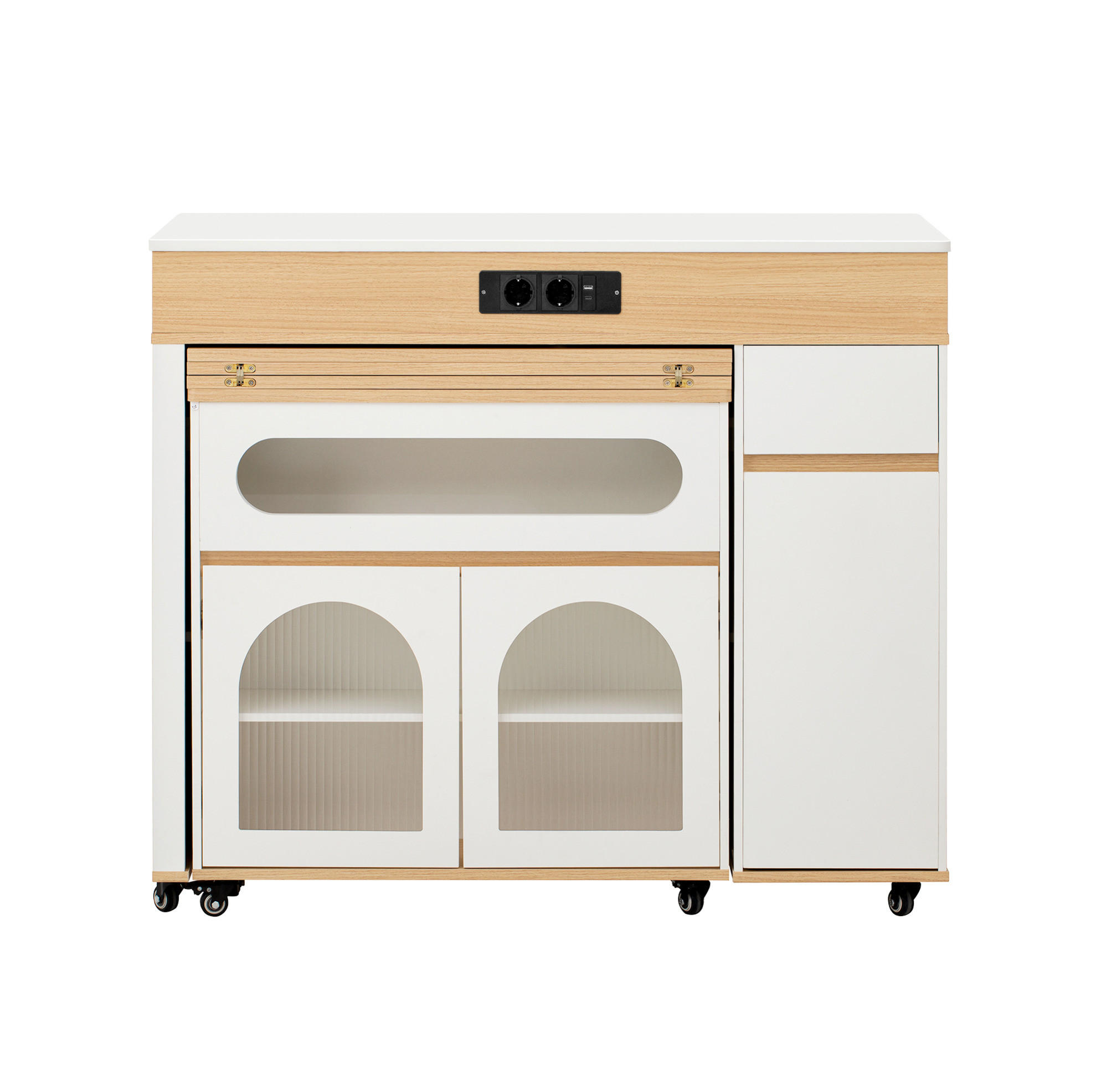 KUHINJSKI otok 50,5-187,5/110,5/95,5 cm bijelo-prirodni od MDF-a s izvlačnom pločom i utičnicama - bijela, drvni materijal (110.5/95.5/50.5cm) - OKWISH