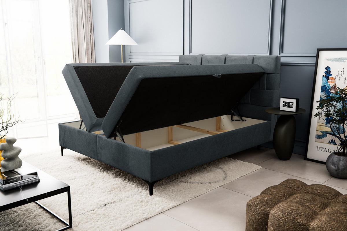 BOXBETT Charlotte mit 2 Bettkästen, Maße: 180x200 cm, Farbe: Dunkelgrau, Velourstoff, mit Bonell-Matratze inkl. Topper - Dunkelgrau, Holz/Kunststoff (180/200cm) - VENASI MÖBEL