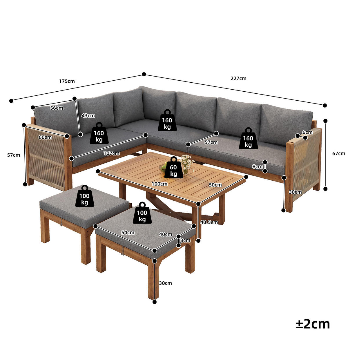 GARTENLOUNGE Akazienholz 6 Sitzer Ecksofa Tisch Hocker Kissen - Grau, Holz - FLIEKS