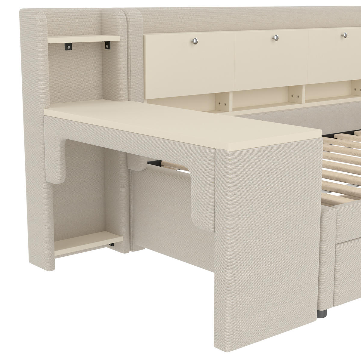POLSTERBETT 90/200 cm Beige aus Leinen mit Schreibtisch - Beige, Textil (90/200cm) - OKMYHOME