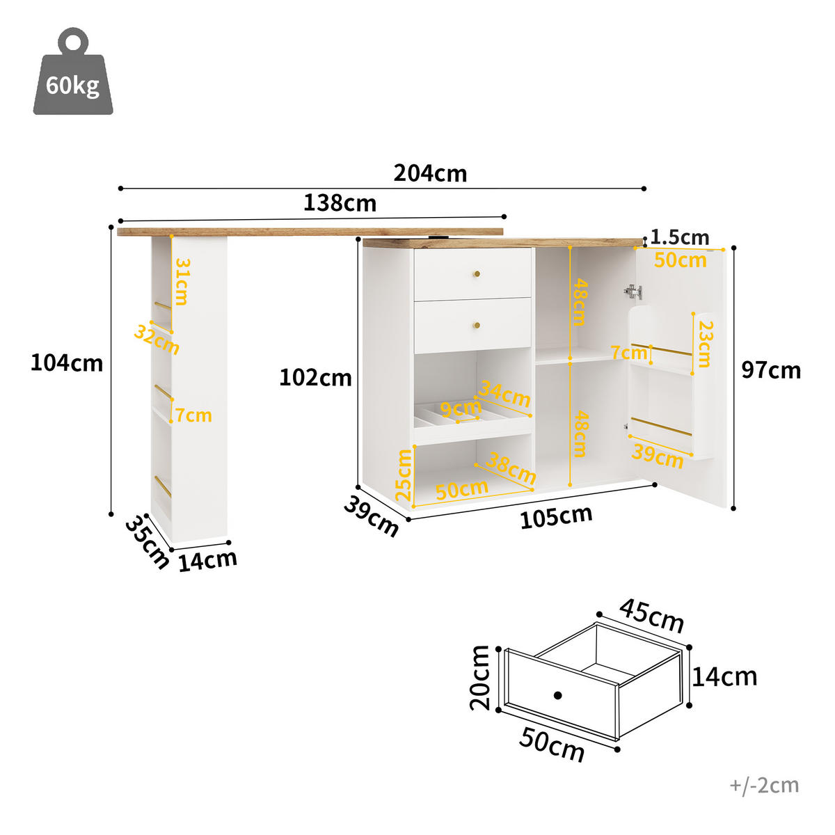 BARTISCH 105/39/102 cm Weiß drehbar aus MDF mit 4 Schubladen - Weiß, Holzwerkstoff (204/39/104cm) - OKWISH