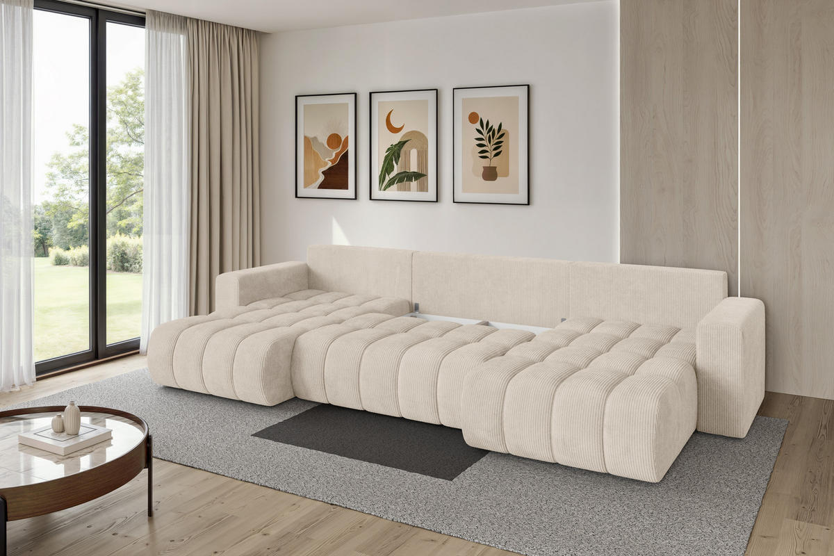 SEDACÍ SOUPRAVA DO U s funkcí spaní a úložným prostorem MILA-U-v1 378x194x86 béžová manšestr - černá/béžová, kompozitní dřevo/textil (378/86/194cm) - ALTDECOR