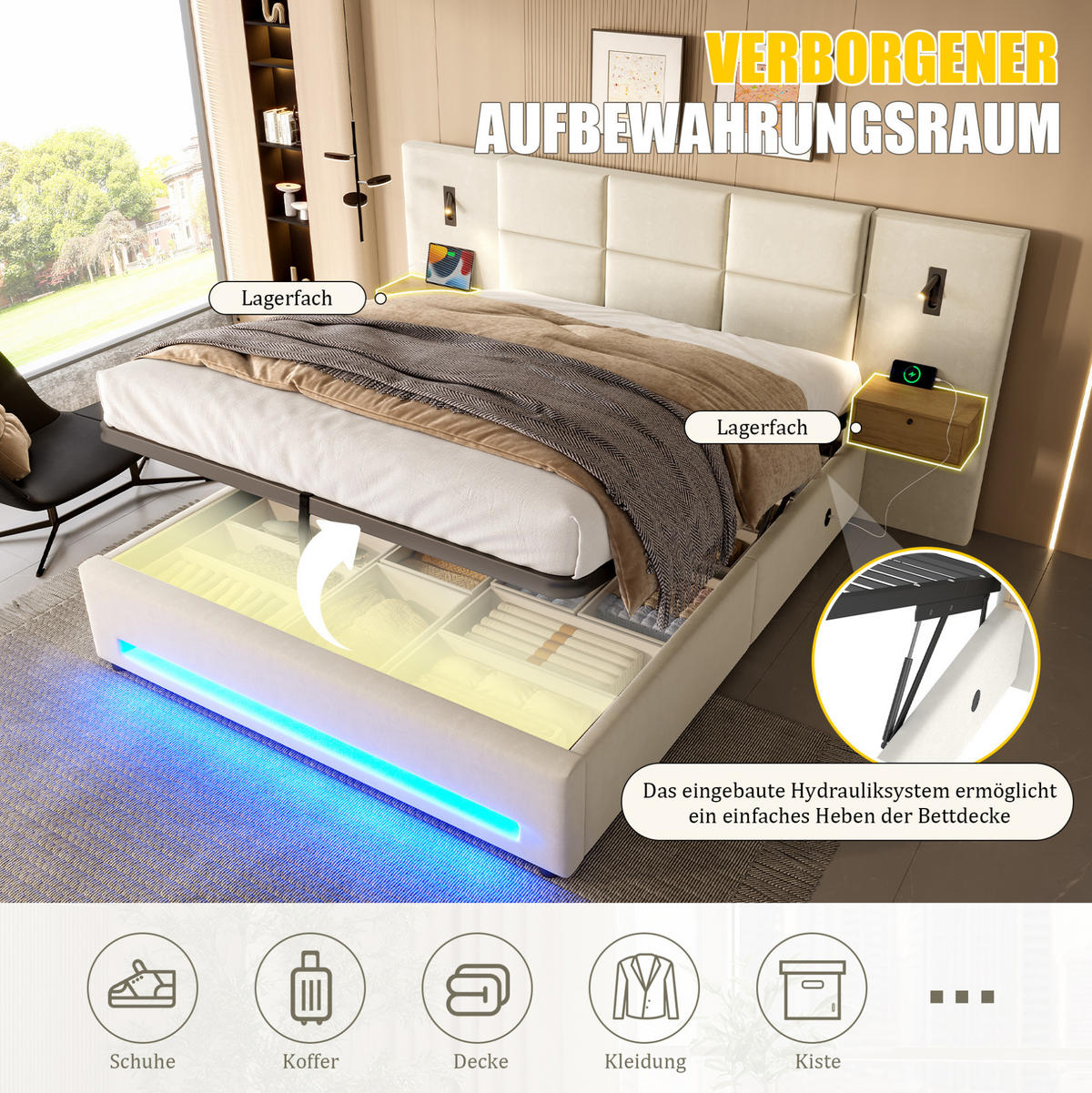 BETT mit Stauraum 180x200 cm Velours Beige - Beige, Metall (180/200cm) - Meubliv