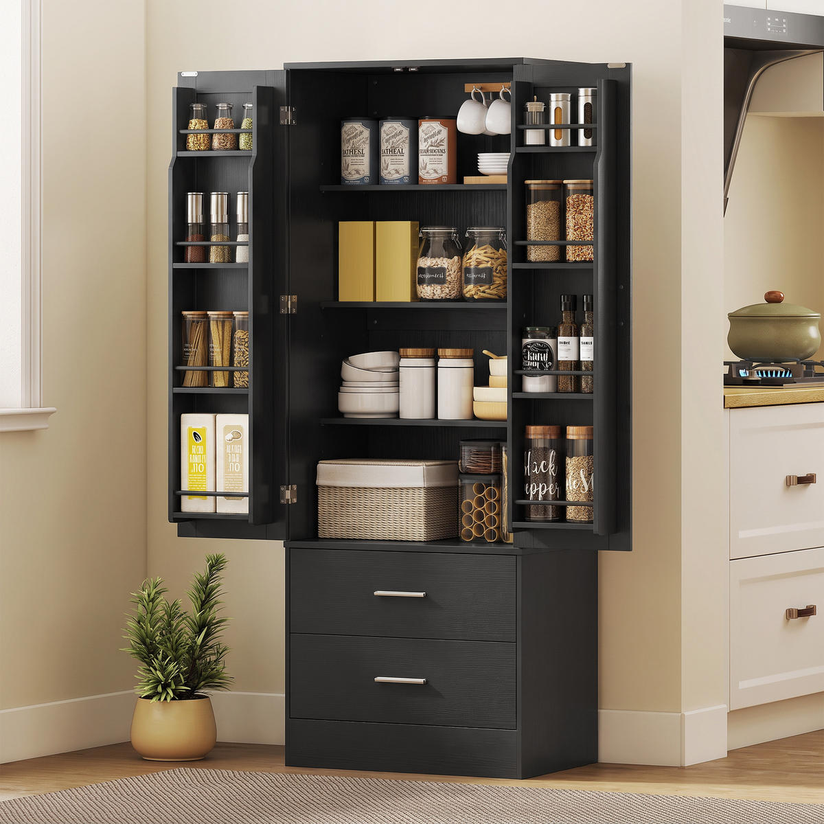 KÜCHENSCHRANK Spanplatte Schwarz - Silberfarben/Schwarz, Holzwerkstoff/Metall (40/159/60cm) - HOMCOM
