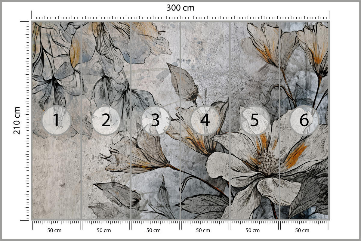 FOTOTAPETE für Büro Blumen Blätter Betongrund Vintage Pflanzen 300x210 - Grau, Papier (300/210cm) - Muralo