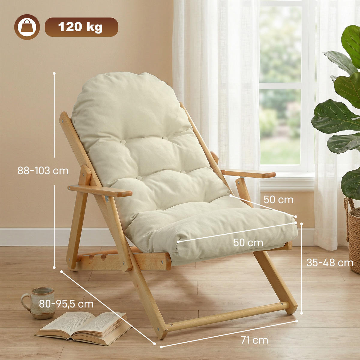 GARTENKLAPPSESSEL DE-13360 3-fach verstellbar & dickes Polster - Creme, Holz (89/96/71cm) - ComfortXL