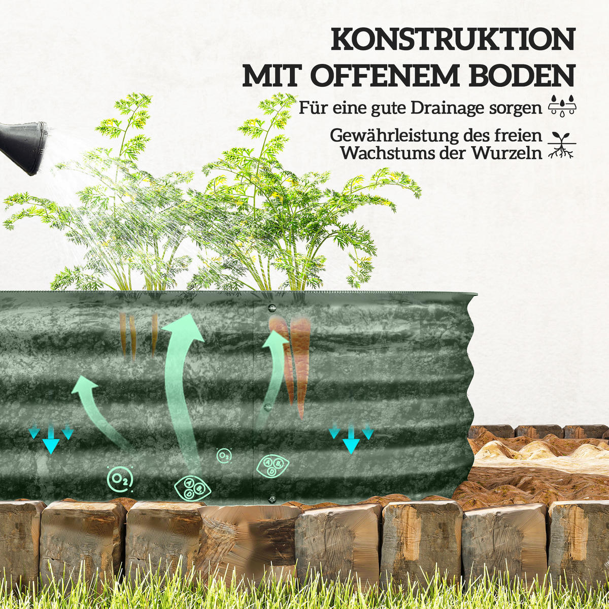 HOCHBEET Metall, Pflanzkasten, DIY Blumenkasten mit offenem Boden, Grün - Grün, Metall (62/30/150cm) - Outsunny