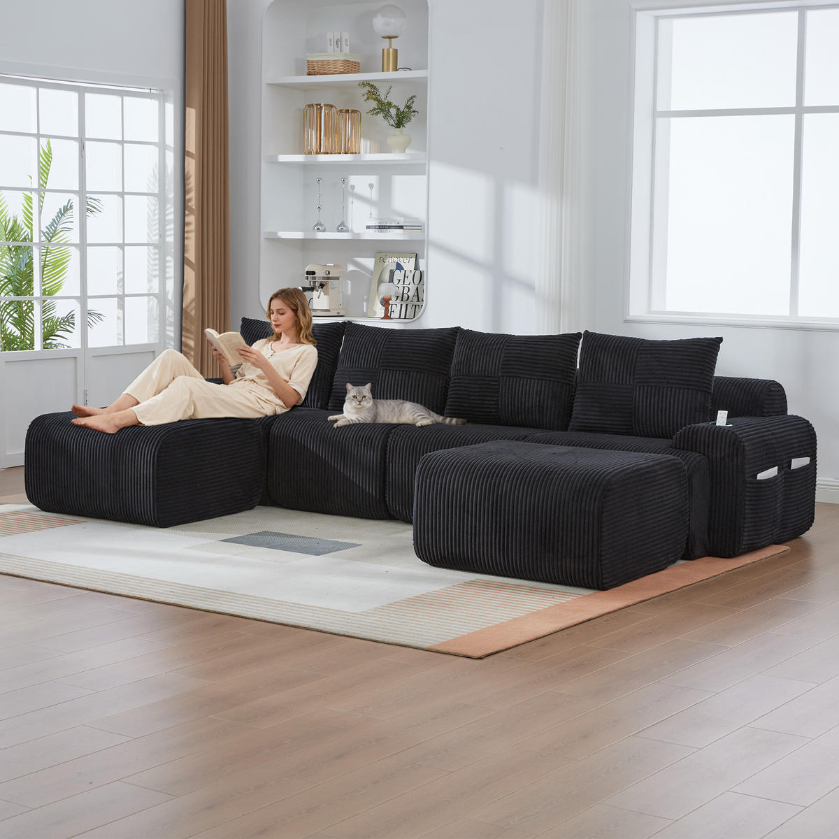 WOHNLANDSCHAFT Cord Schwarz mit 2 Hockern, Getränkehalter und Aufbewahrungstasche - Schwarz, Textil (333/80/174cm) - WISHDOR