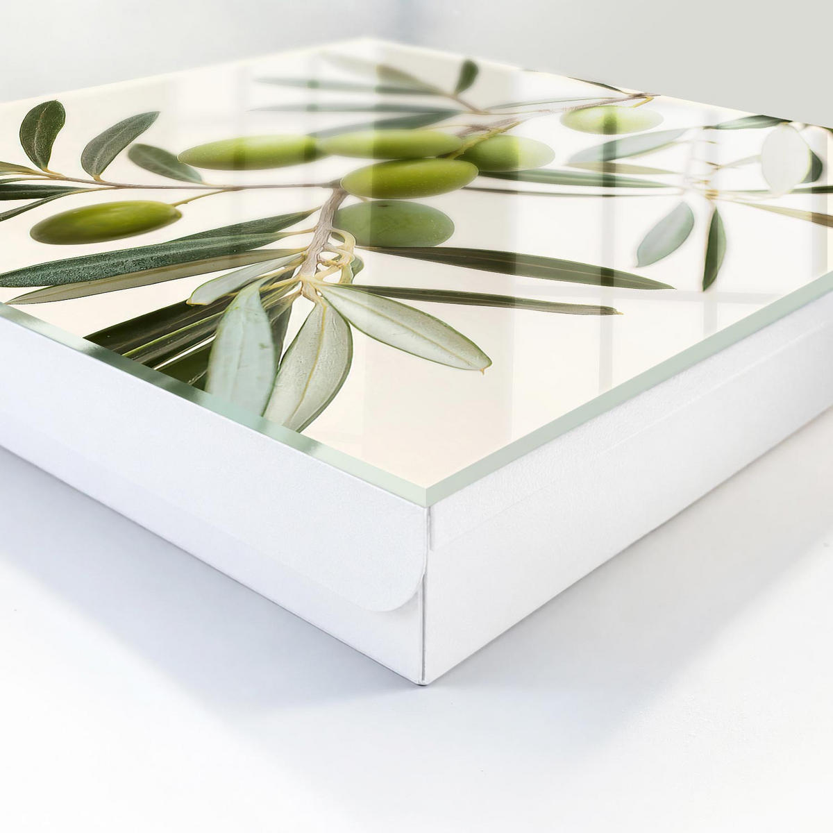 SCHLÜSSELBOX Weiß 30x30 cm – Türöffnung nach rechts - Ein Zweig mit Oliven - Grün, Metall (30/30/5cm) - TULUP