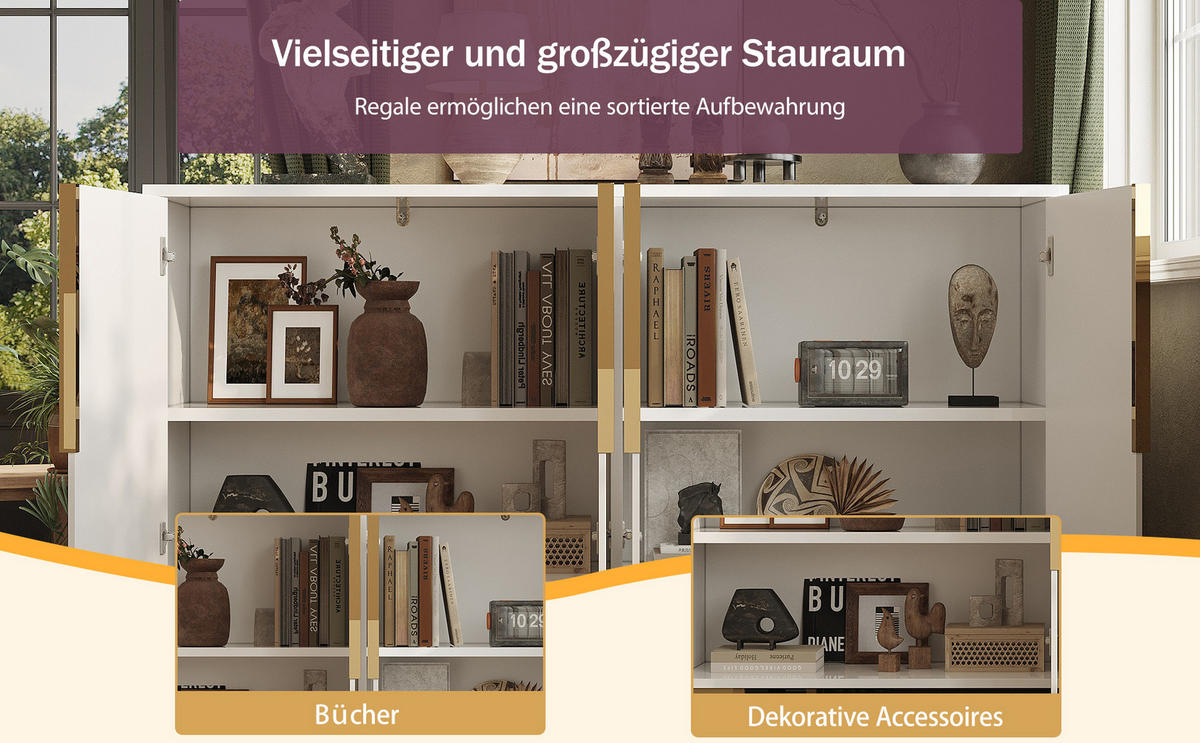 SIDEBOARD mit 3 Türen und Goldenen Akzenten Weiß - Weiß, Holzwerkstoff/Metall (152/75/40cm) - Urban Meuble