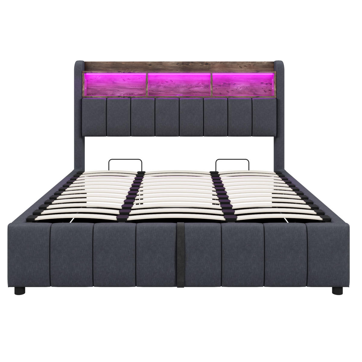 ČALOUNĚNÁ postel 180/200 cm, šedá, s LED osvětlením, USB-C a úložným prostorem - šedá, textil (180/200cm) - BEAOK