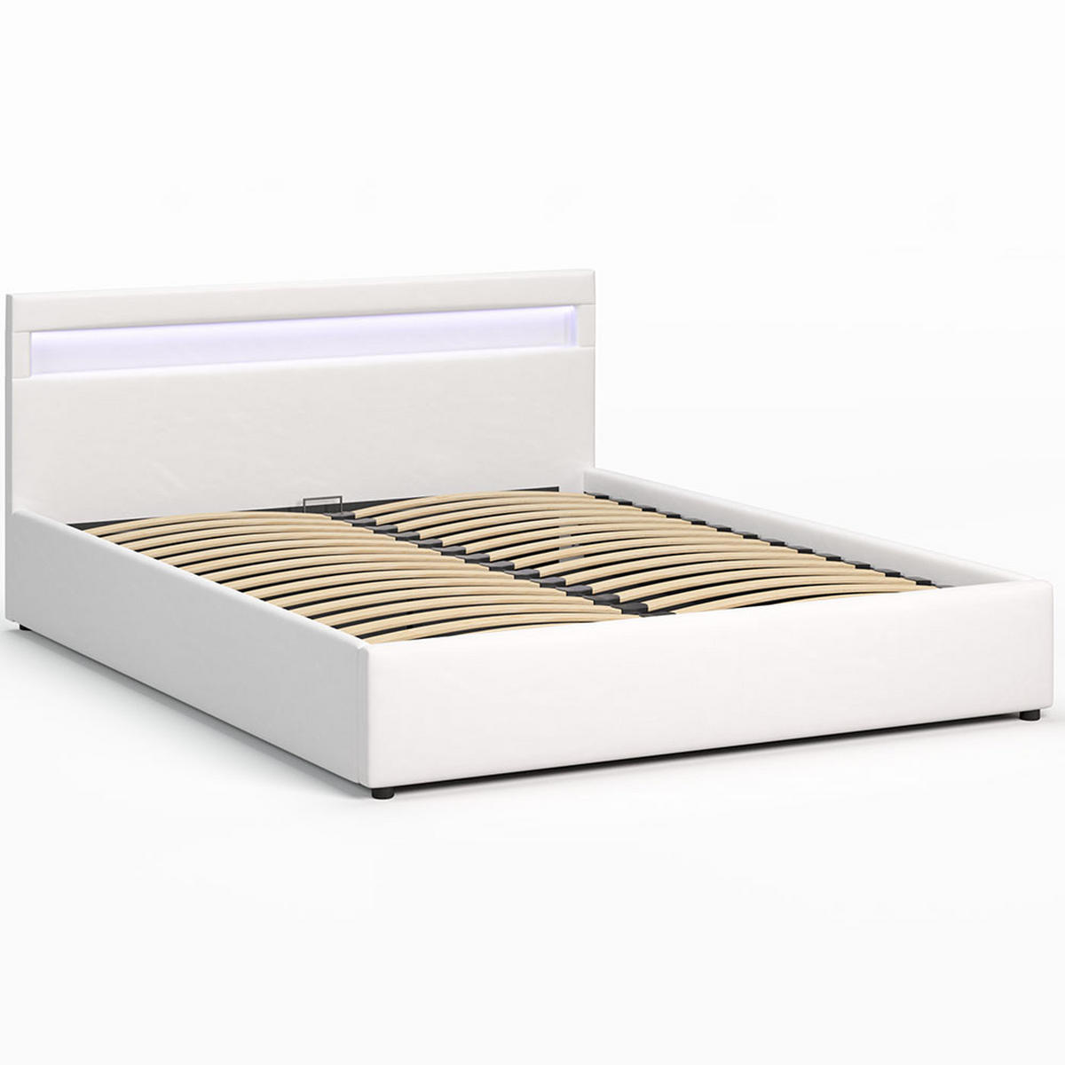 POLSTERBETT 140×200 mit Bettkasten und Lattenrost Nira Öko-Leder weiß LED - Weiß, Holz/Textil (140/200cm) - Jana