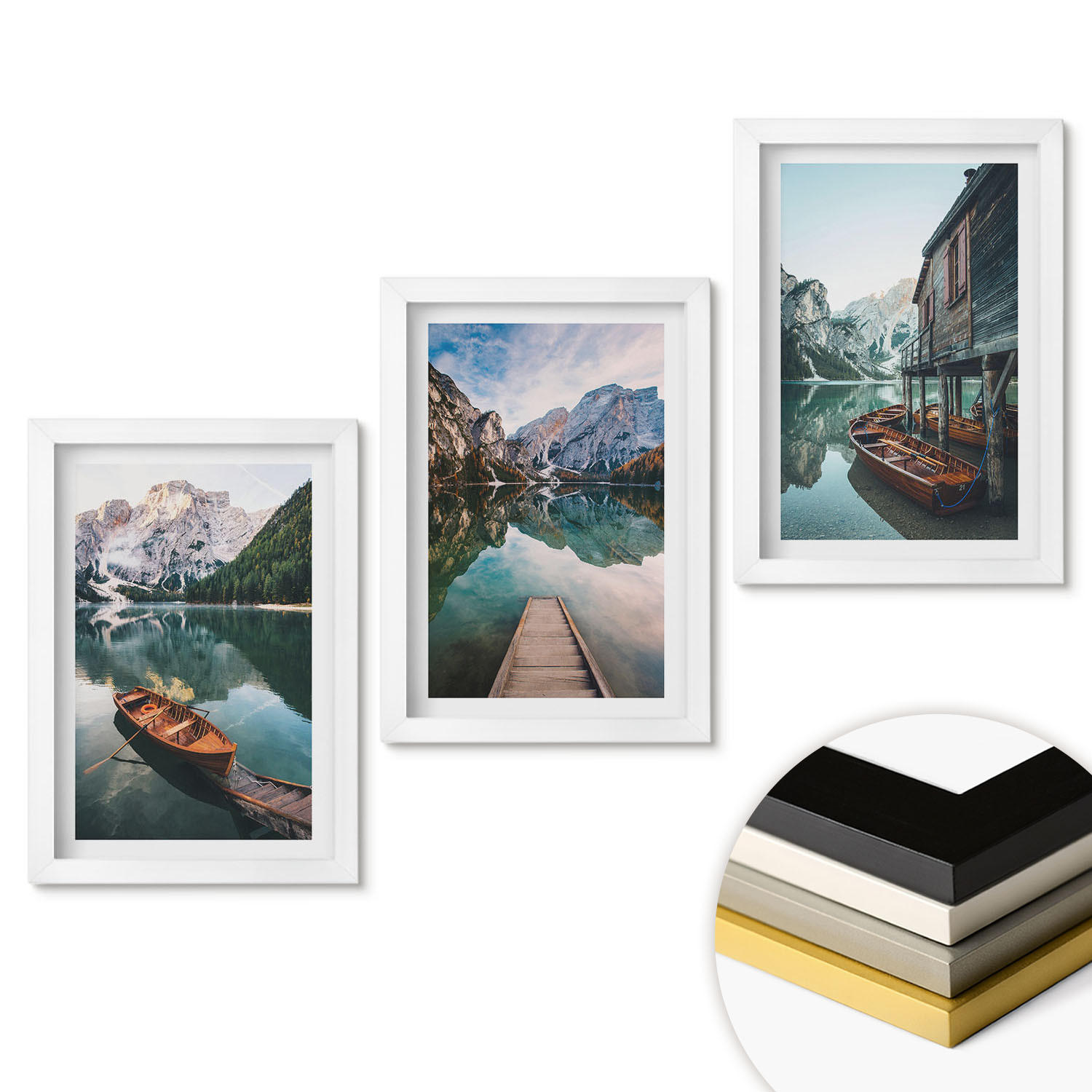 WANDBILDER 3er-Set - 20x30 cm Weißer Rahmen - See, Berge, Boote, Ferienhaus - Weiß, Kunststoff (20/30cm) - ArtPrintCave