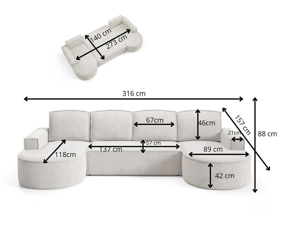 ECKSOFA MOLLY U Freistehendes, mit Schlaffunktion, 140x273cm, Bettkasten und Abnehmbaren Kissen – 316x157x88cm, Curio Stoff, Grün - Waldgrün, Holz/Textil (316/157cm) - DomoHome