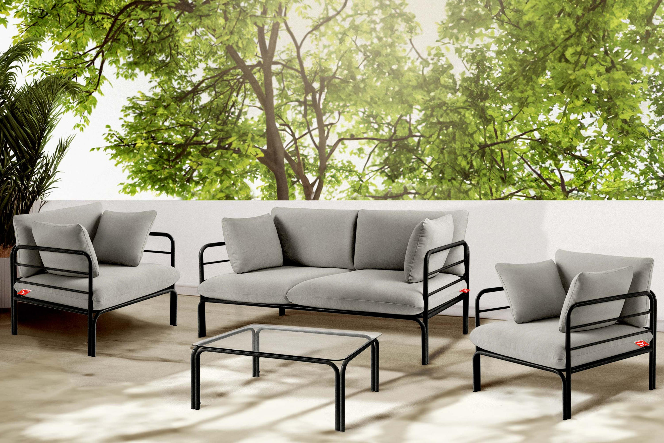 GARTENMÖBELSET RAMBE 4-tlg. 1x Tisch 2x Sessel 1x Sofa 2-Sitzer, mit Kissen, LOFT-STIL, Anthrazit/Hellgrau - Dunkelgrau/Hellgrau, Textil/Metall - KONSIMO®