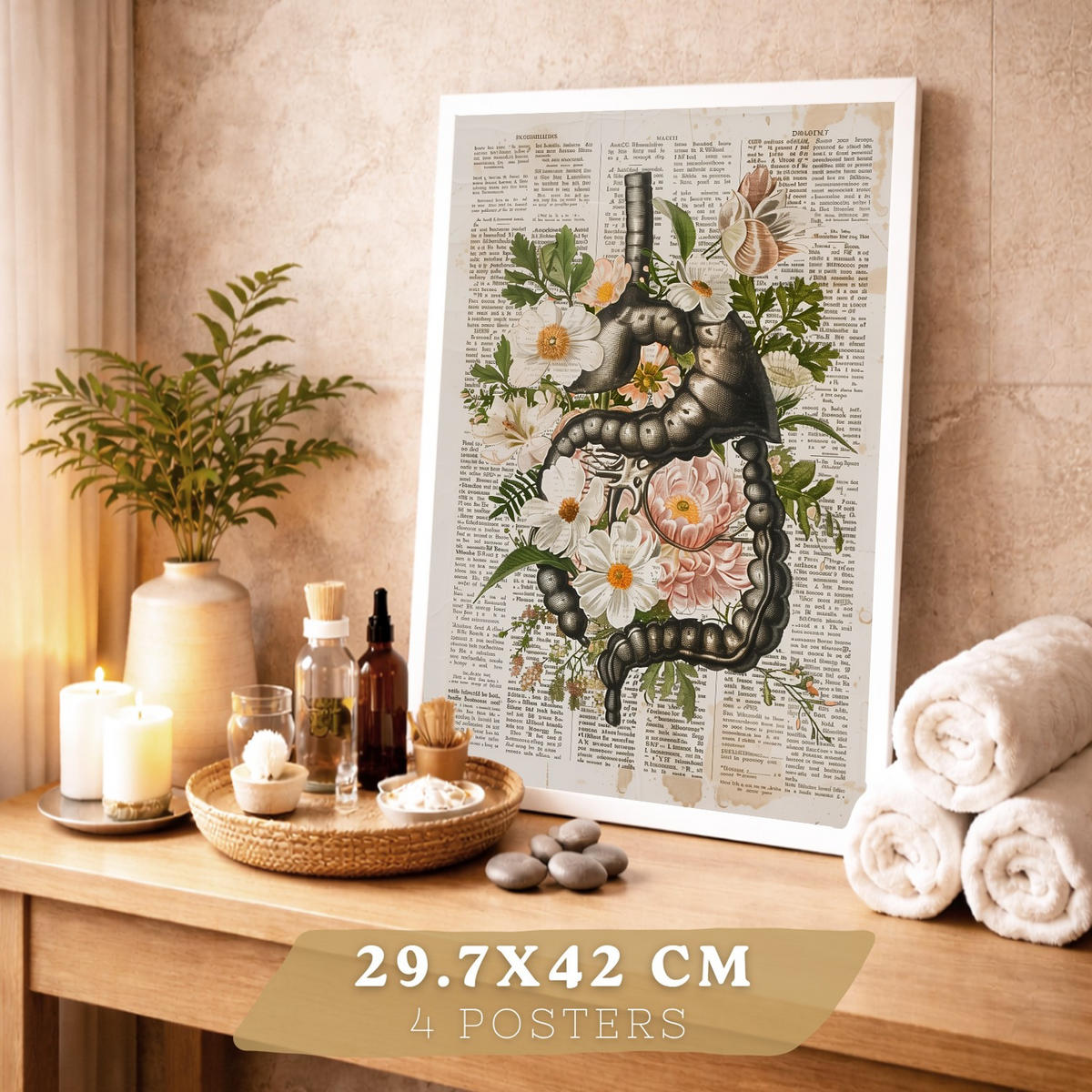 POSTER Set aus 4 Anatomie Mensch Botanische Drucke und mit Organen Herz Verdauungssystem Schädel und Becken Heimdekoration Größe Weißer Rahmen A3 - Weiß, Papier (29.7/42/3cm) - Nacnic