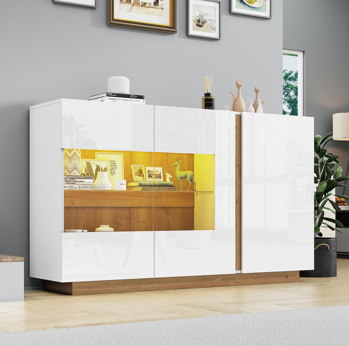 SIDEBOARD aus Spanplatte 138x38,5x90,5 cm Weiß mit RGB-LED, Glasdetails und 3 Türen in Hochglanz - Weiß, Holzwerkstoff (138/90.5/38cm) - Modfu