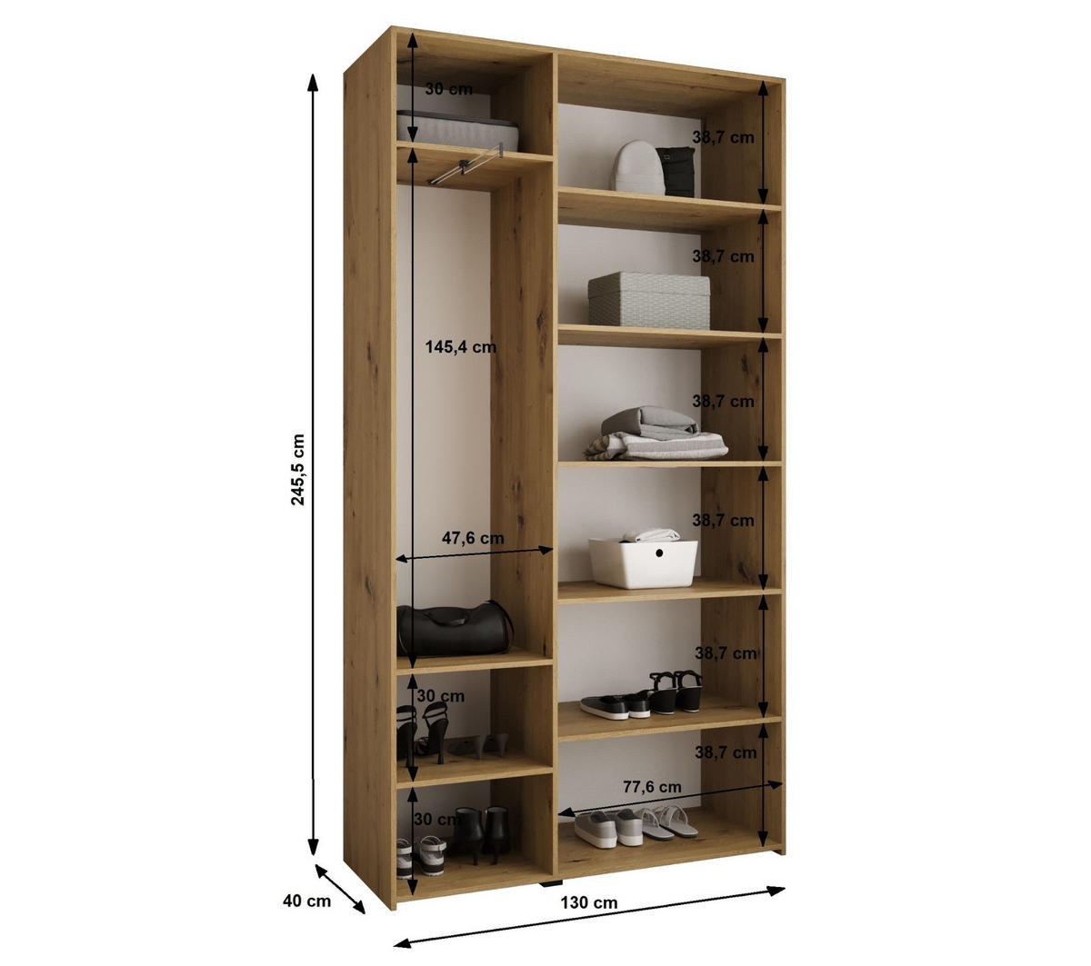 DREHTÜRENSCHRANK 245,5/130/40 3-türig - Goldfarben/Weiß, Holz/Metall (130/245.5/40cm) - Abiks Möbel