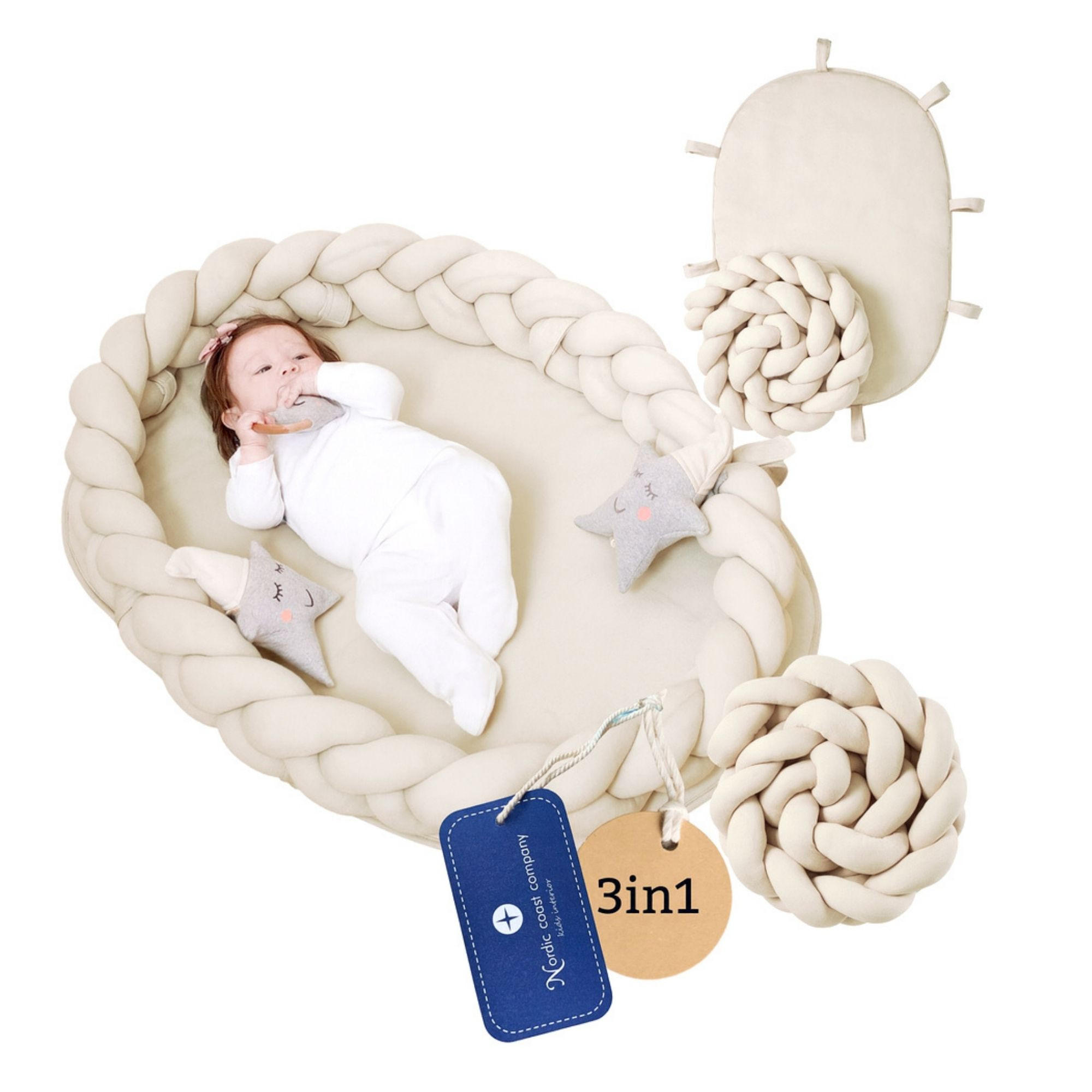 BABYNEST Baby Nest Nestchen Bettnest Reisebett XL mit Bettschlange 3tlg. mit Krabbeldecke - Naturfarben, Textil (60/90cm) - nordic coast company