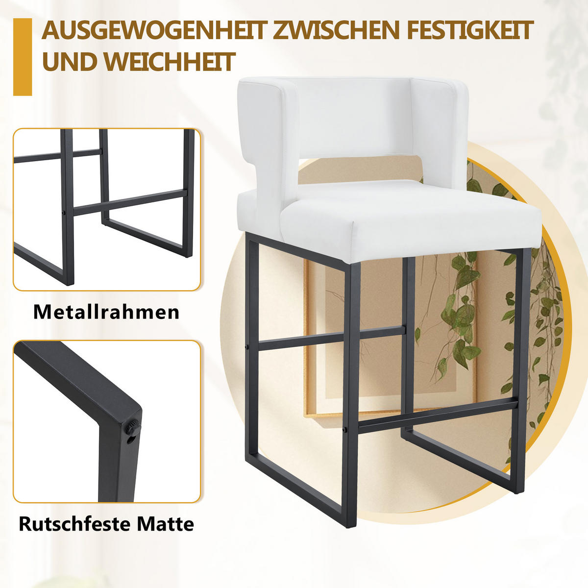 BARHOCKER 2er-Set Weiß mit PU-Leder und schwarzen Metallbeinen - Weiß, Metall (48/91.4/53.3cm) - PANGIVO
