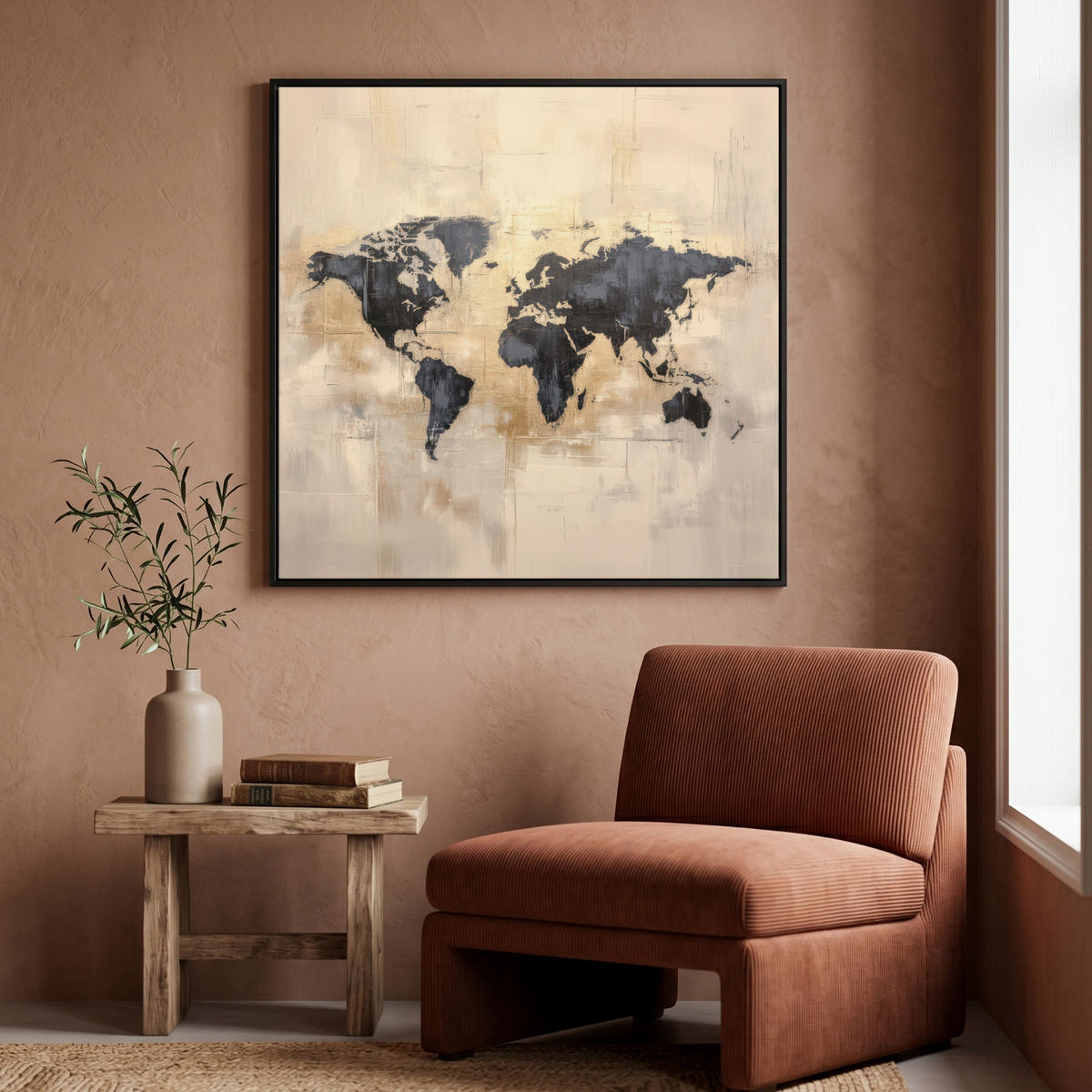 LEINWAND Bilder mit Rahmen - Weltkarte - Gold - Schwarz - Abstrakt - 90x90 - Kupferfarben, Textil (90/90cm) - MuchoWow