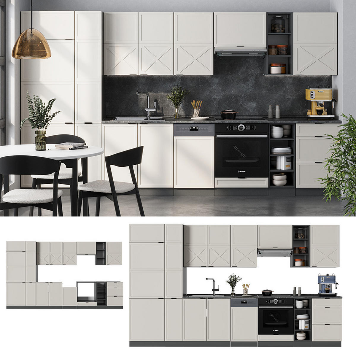 KÜCHENZEILE Fame-Line GrauBeige/Anthrazit 355 cm, AP Marmor - Anthrazit/Grau, Holzwerkstoff (355/81.6/60cm) - Vicco