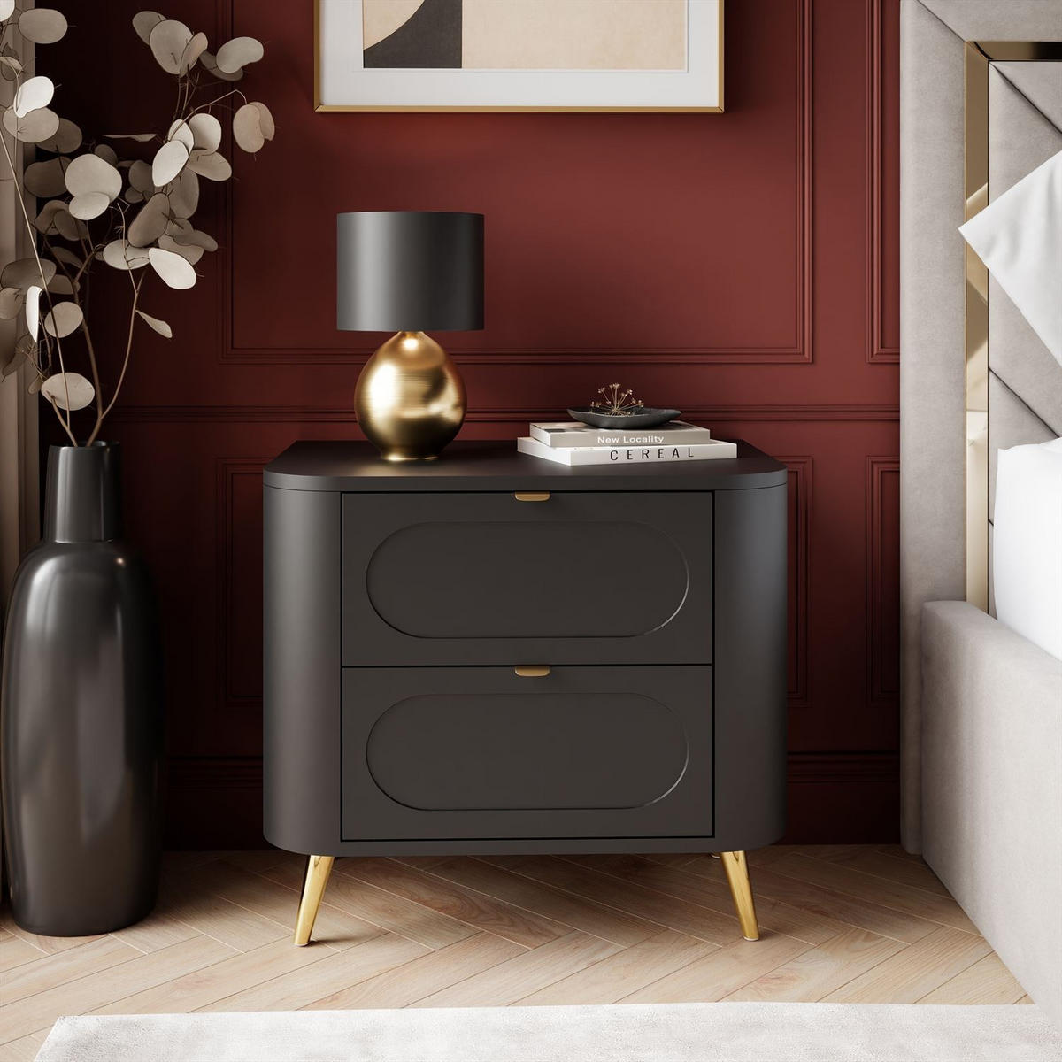 NACHTTISCH SHADOW II 2S mit Schubladen - Goldfarben/Schwarz, Holzwerkstoff (60/54/40cm) - Lookway